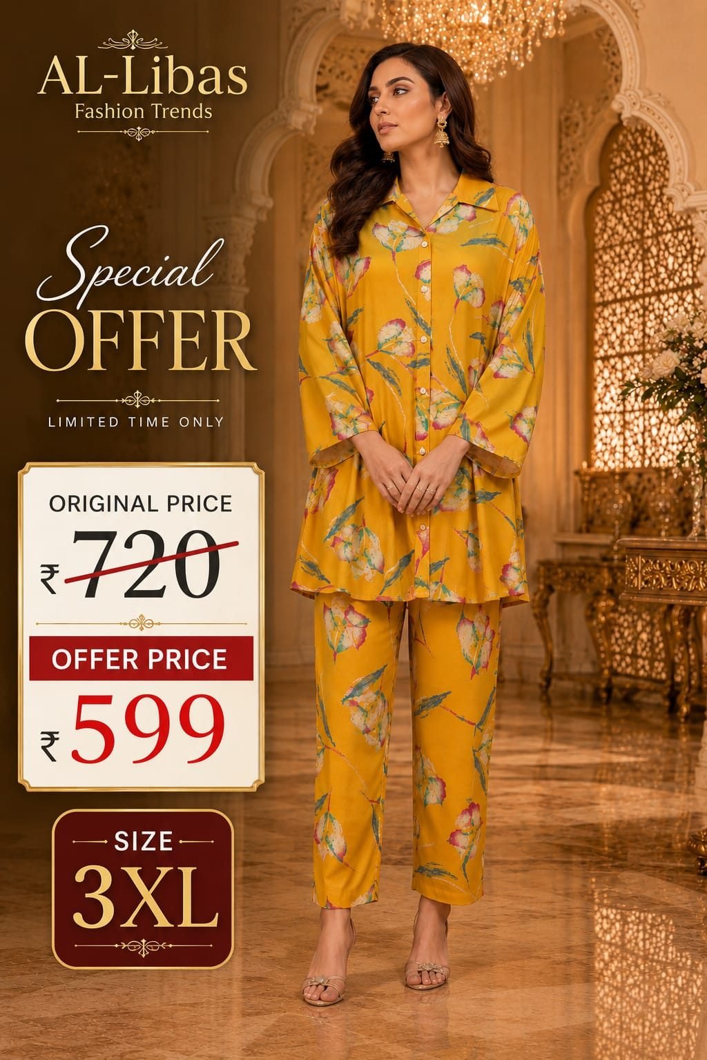 Women's Mustard Floral Printed Co-Ord Set with Shirt Collar Kurta & Pant | Casual Ethnic Wear