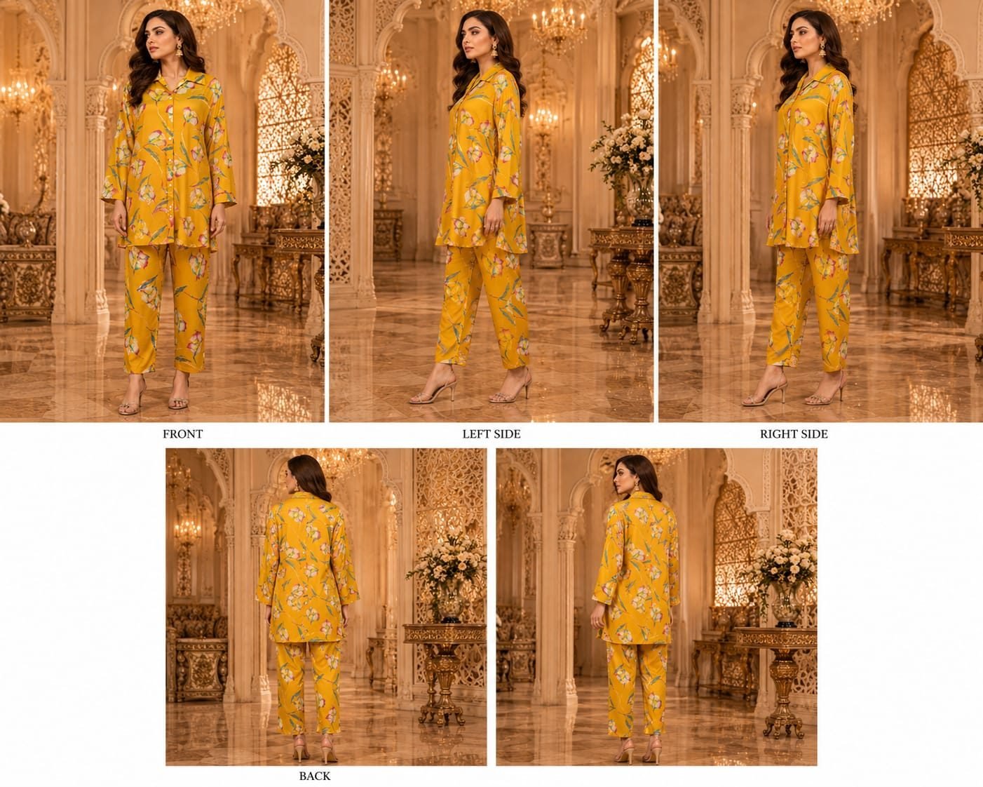 Women's Mustard Floral Printed Co-Ord Set with Shirt Collar Kurta & Pant | Casual Ethnic Wear - 2