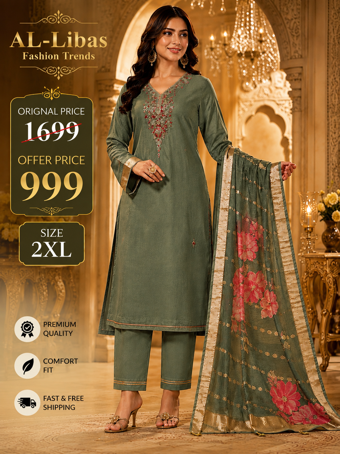 Women Olive Green Embroidered Kurta Pant Dupatta Set | Straight Kurta Ethnic Suit | Party & Festive Wear