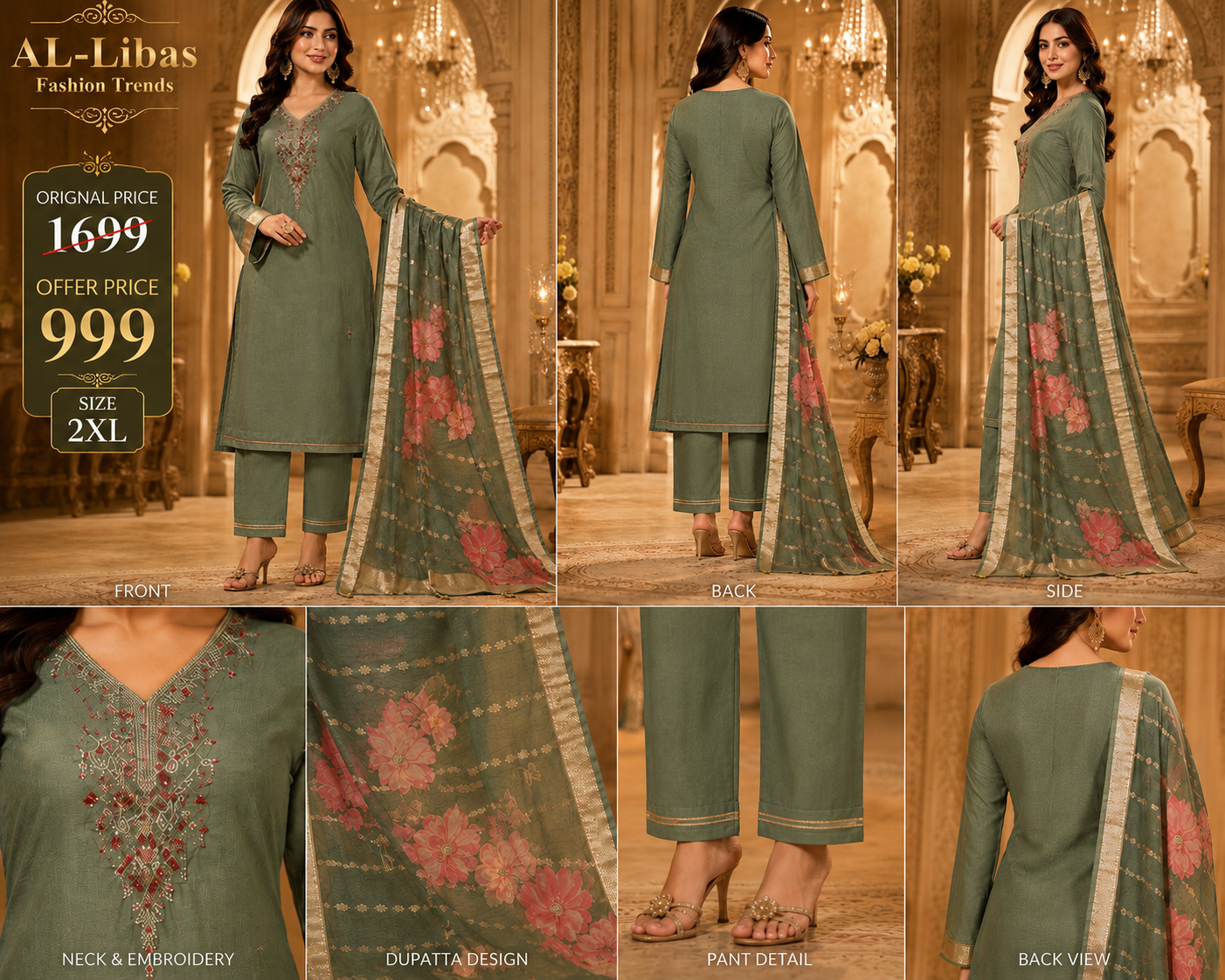 Women Olive Green Embroidered Kurta Pant Dupatta Set | Straight Kurta Ethnic Suit | Party & Festive Wear - 2
