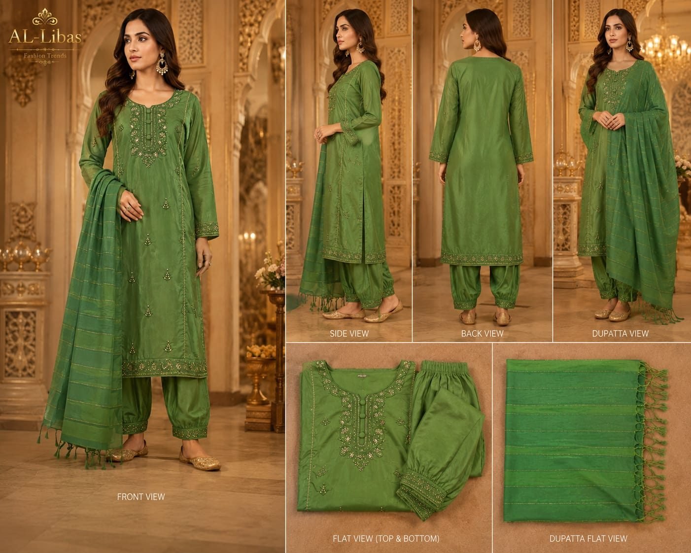 Women’s Green Embroidered 3 Piece Suit Set | Straight Kurta, Salwar Pant & Dupatta - 1
