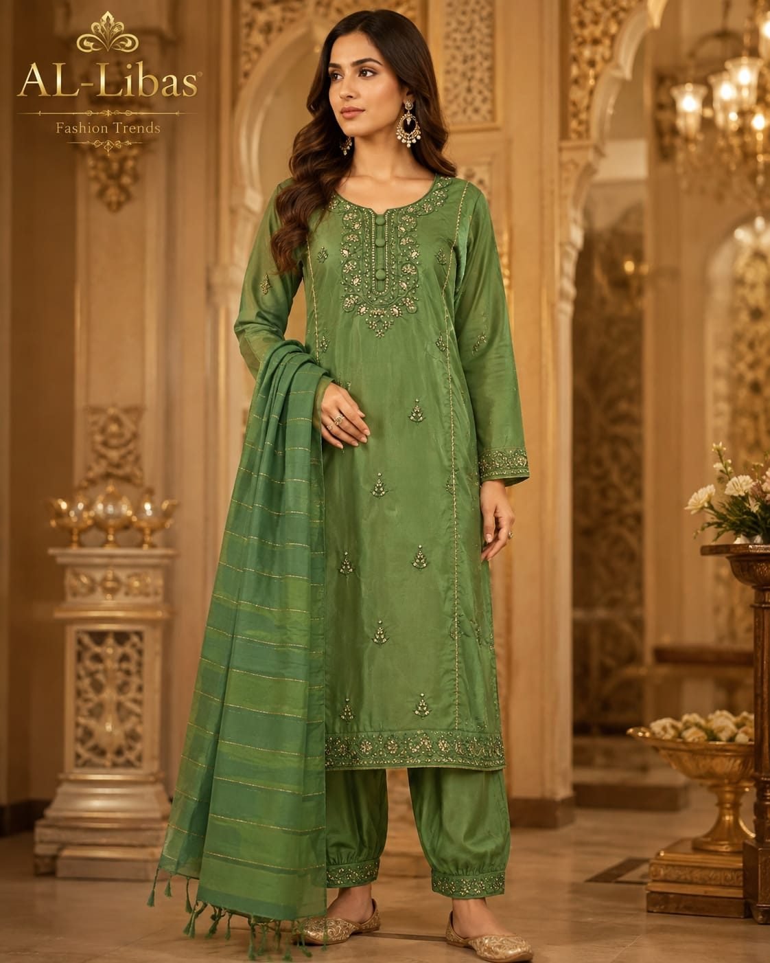 Women’s Green Embroidered 3 Piece Suit Set | Straight Kurta, Salwar Pant & Dupatta - 2