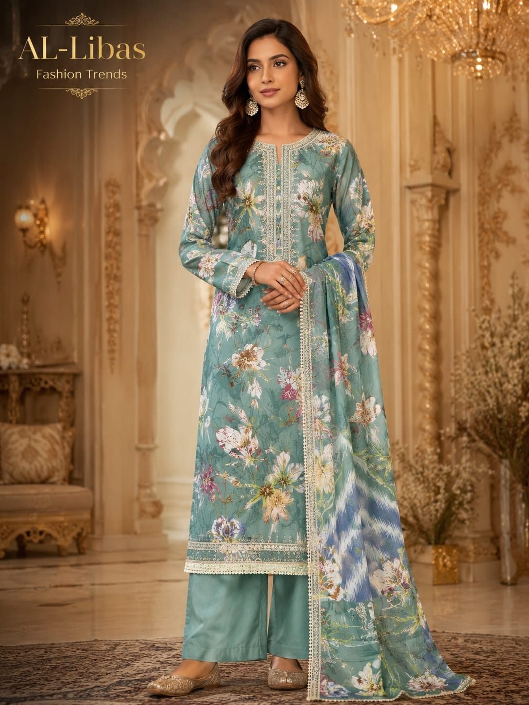 Women’s Sea Green Floral Printed Straight Kurta Palazzo Suit Set with Dupatta