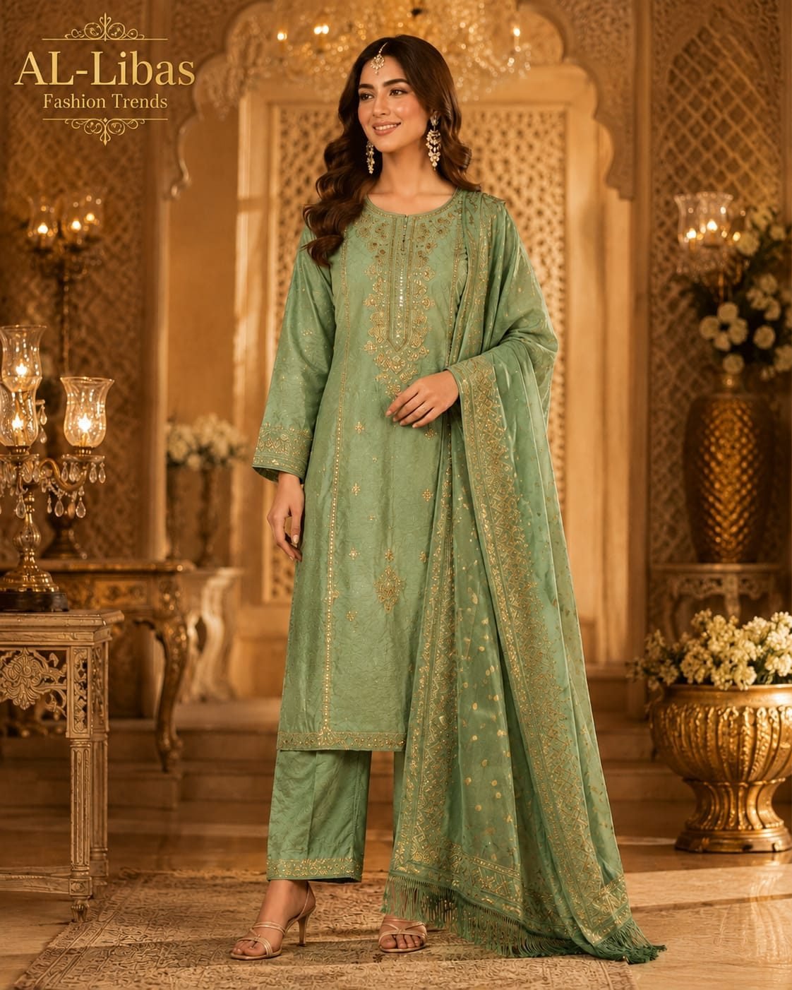 Women Green Embroidered Straight Kurta Pant Dupatta Set | Ethnic 3 Piece Suit
