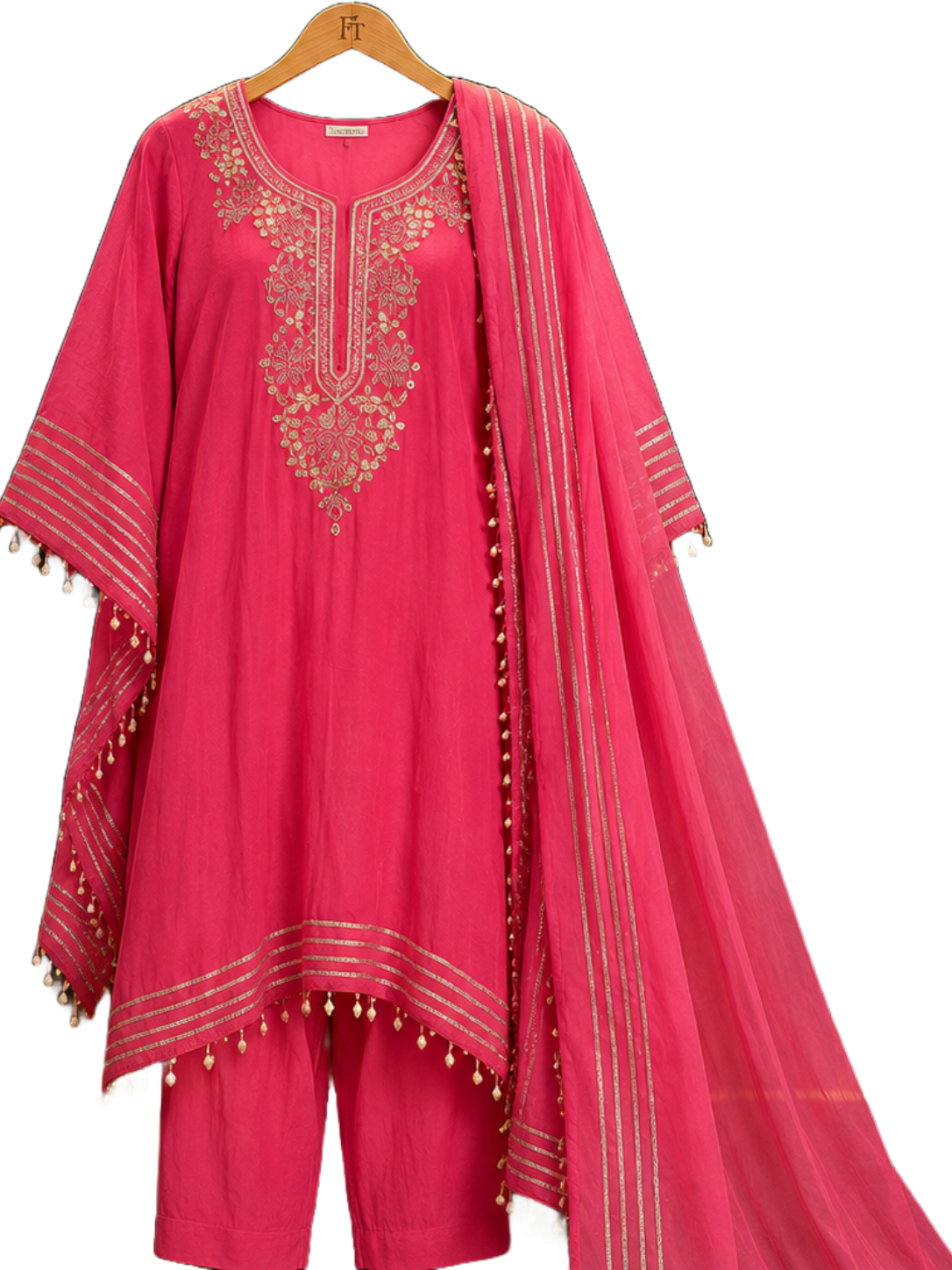 Women's Pink Mirror Work Kaftan Kurta with Dupatta | V-Neck Ethnic Party Wear Kaftan Set - 2