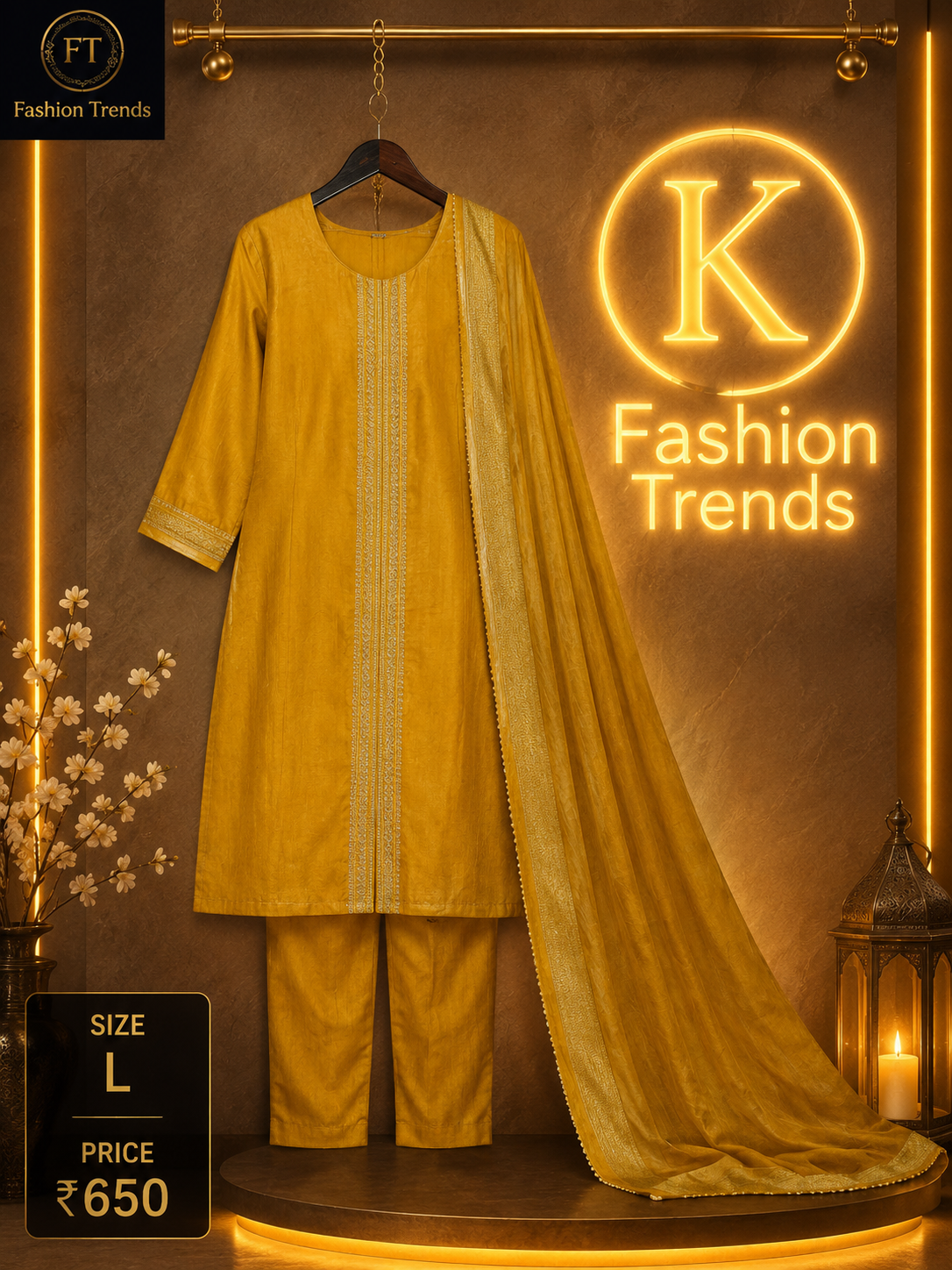 Mustard Gold Embroidered Kurta Pant with Dupatta Set