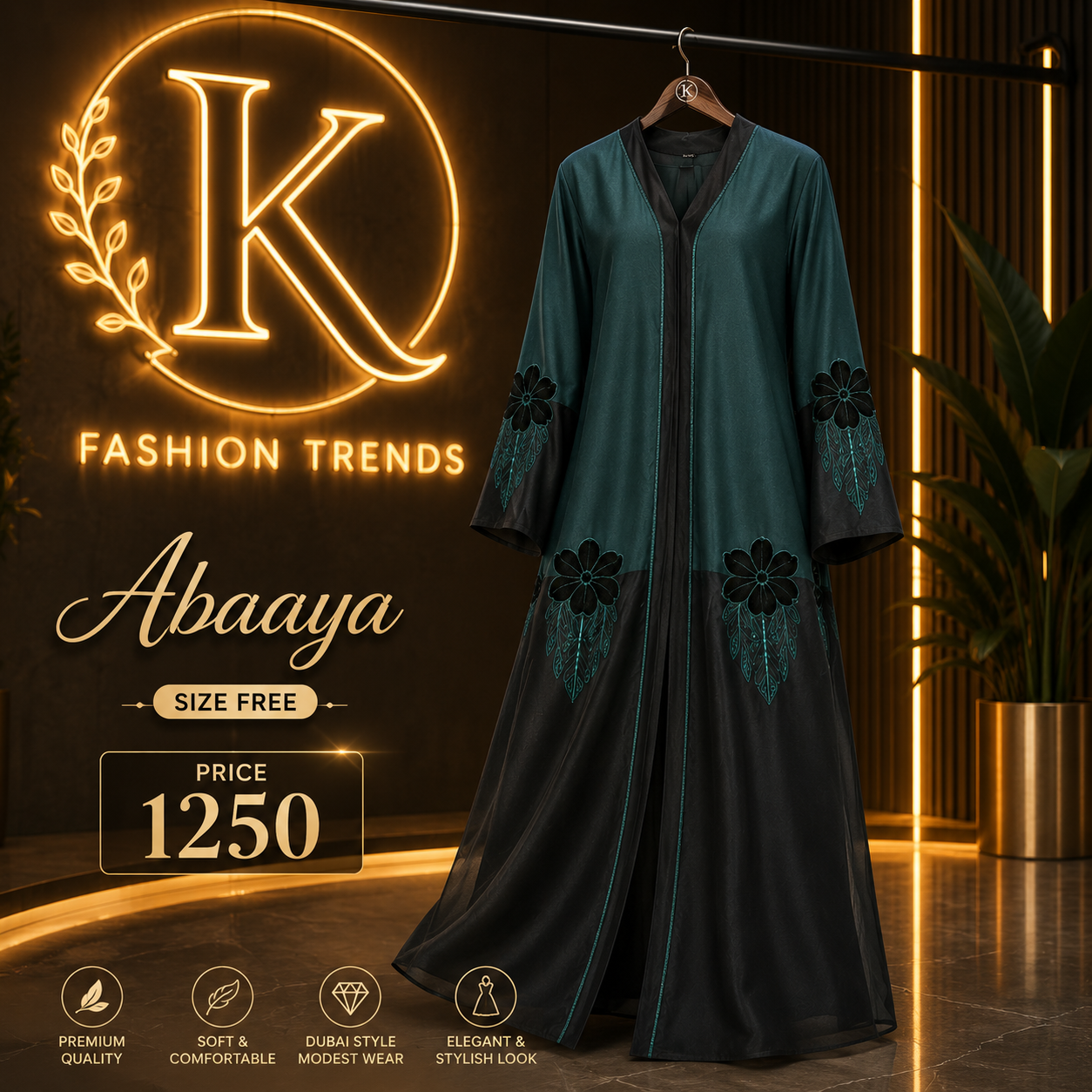Floral Embo Dubai Style Abaya Kurta Set with Inner & Dupatta | Full Length Modest Wear - 1
