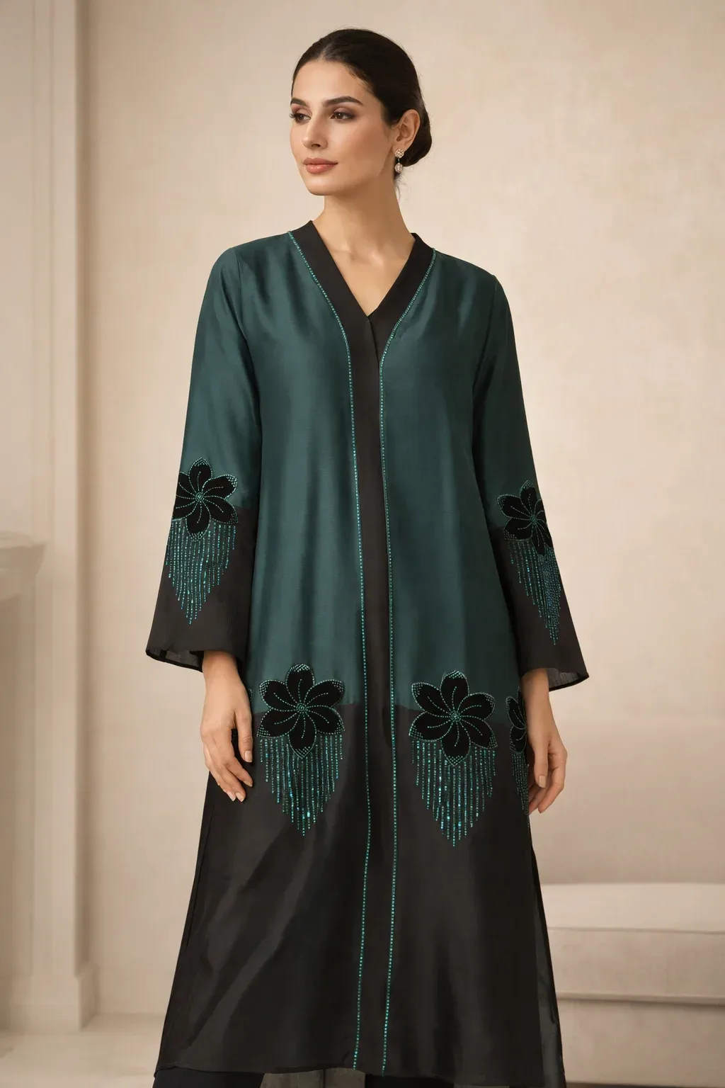 Floral Embo Dubai Style Abaya Kurta Set with Inner & Dupatta | Full Length Modest Wear
