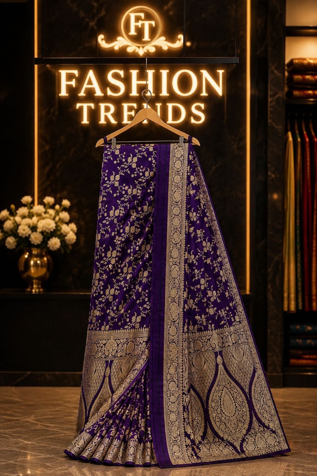 AL-Libas Royal Purple Saree with Golden Zari Floral Jaal, Traditional Paisley & Buta Motifs, Heavy Golden Woven Border & Pallu