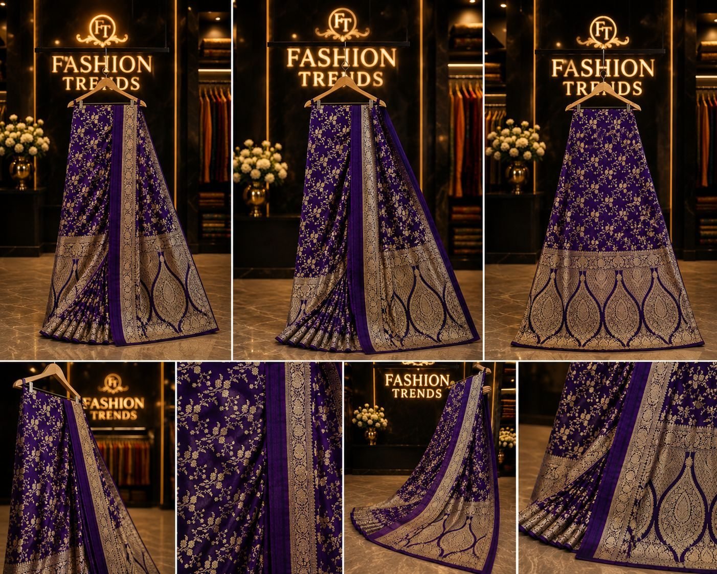 AL-Libas Royal Purple Saree with Golden Zari Floral Jaal, Traditional Paisley & Buta Motifs, Heavy Golden Woven Border & Pallu - 2