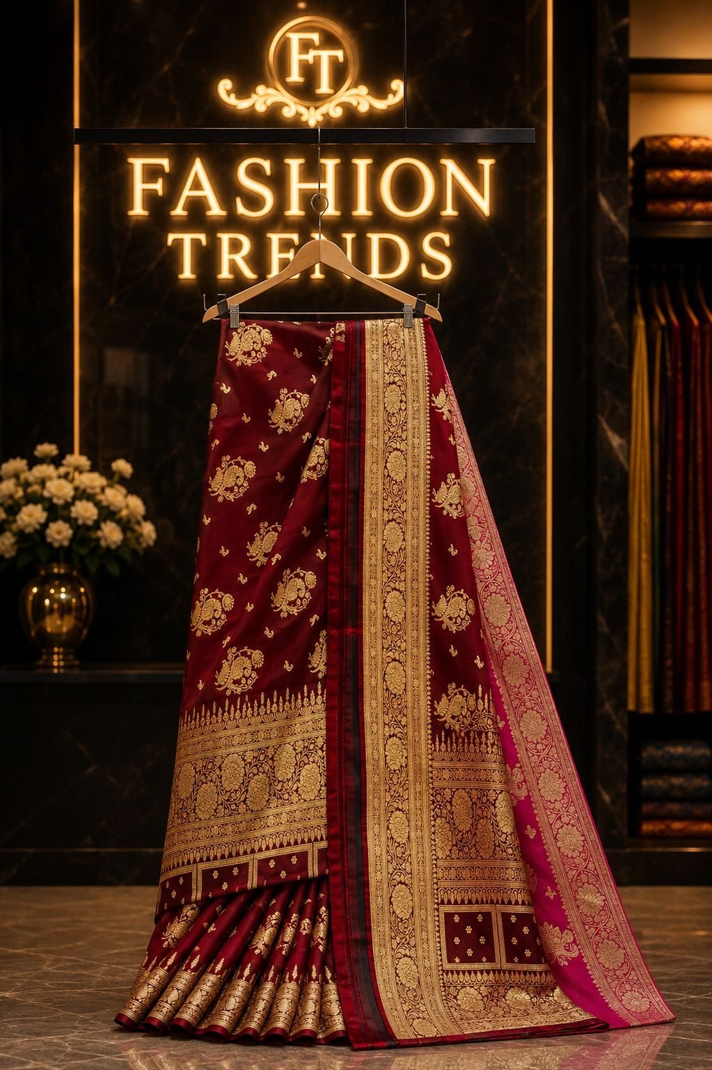 Maroon Banarasi Silk Saree with Golden Zari Paisley Butta & Floral Border - 1