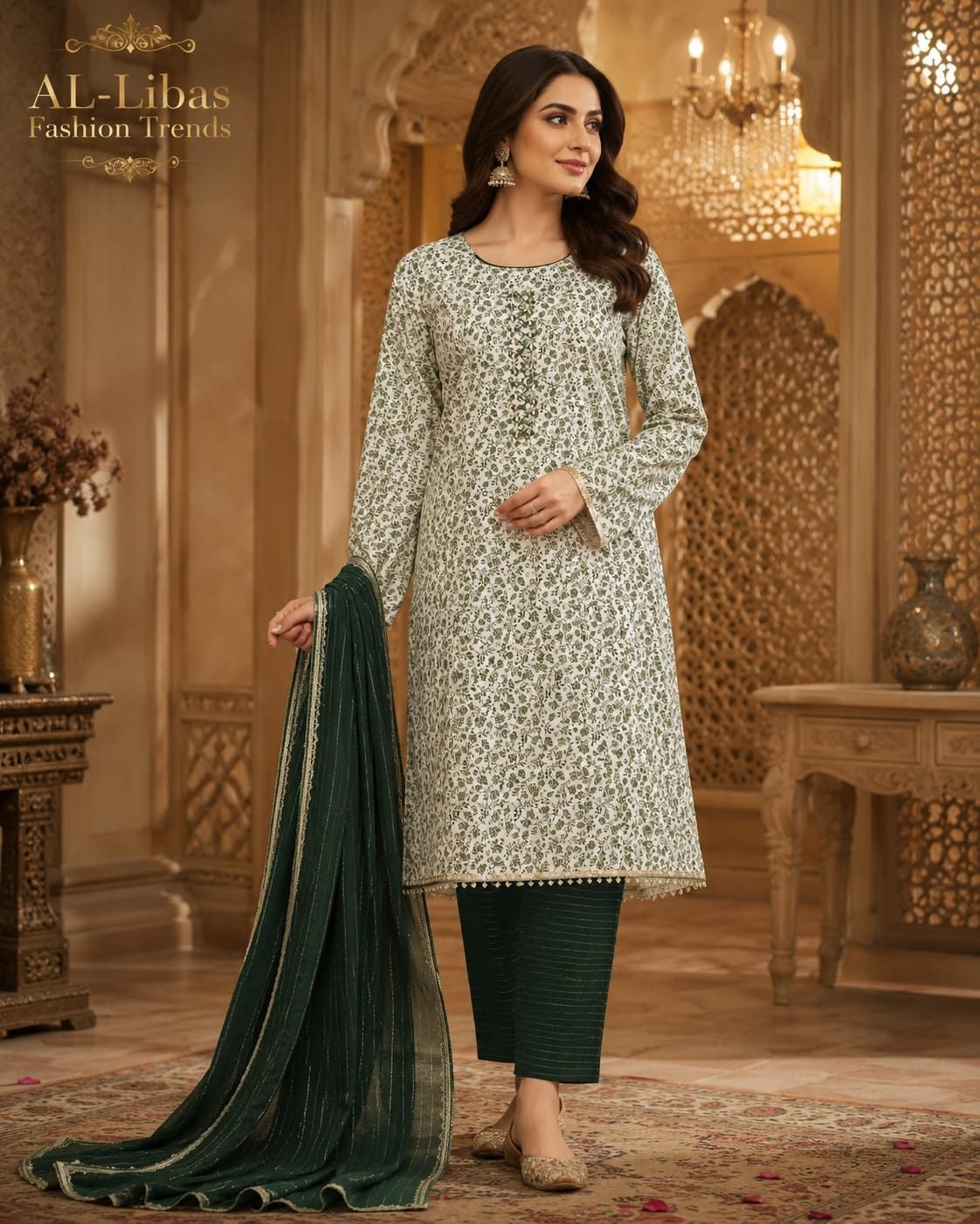 Traditional Floral Printed 3-Piece Suit Set - 1