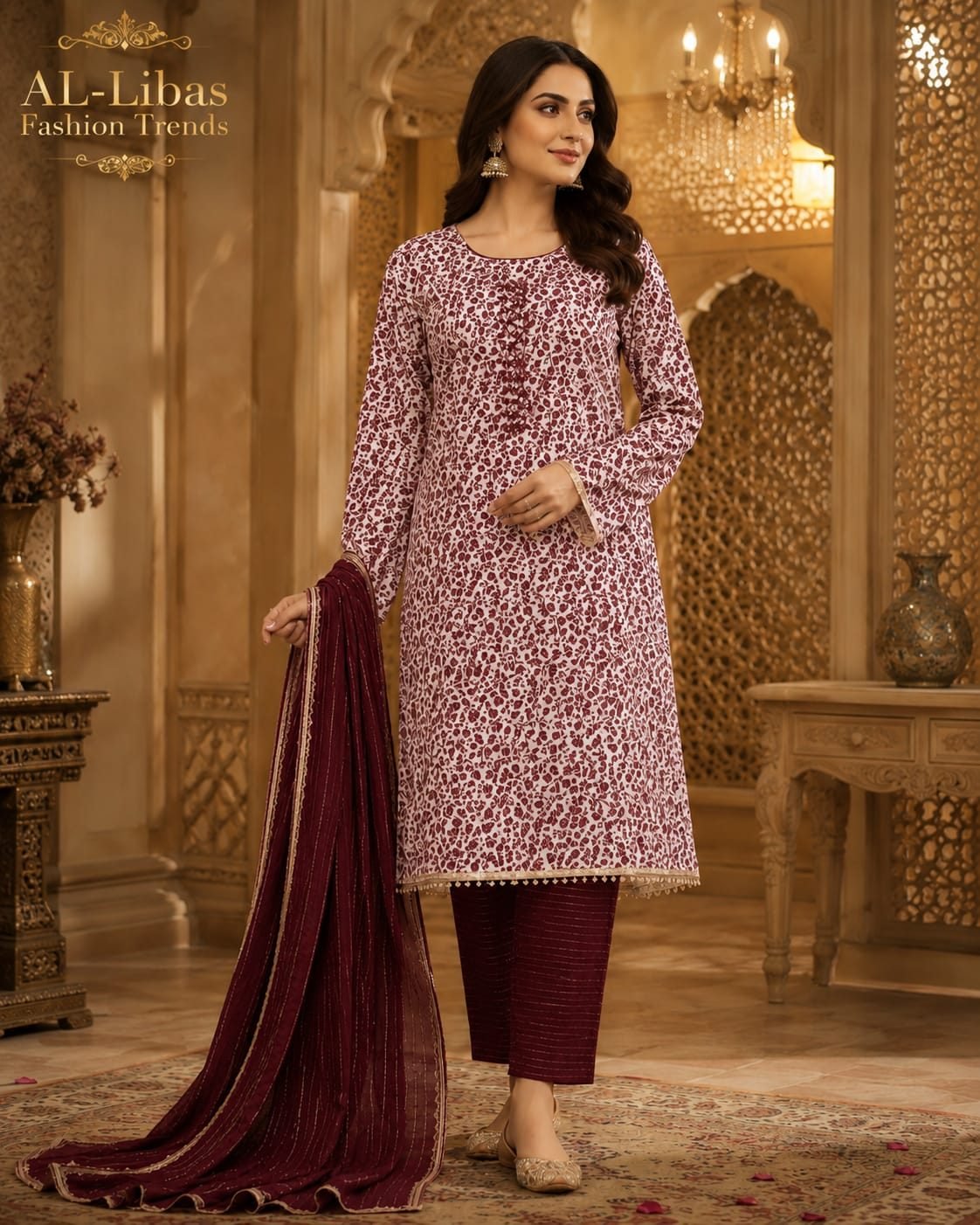 Traditional Floral Printed 3-Piece Suit Set - 5