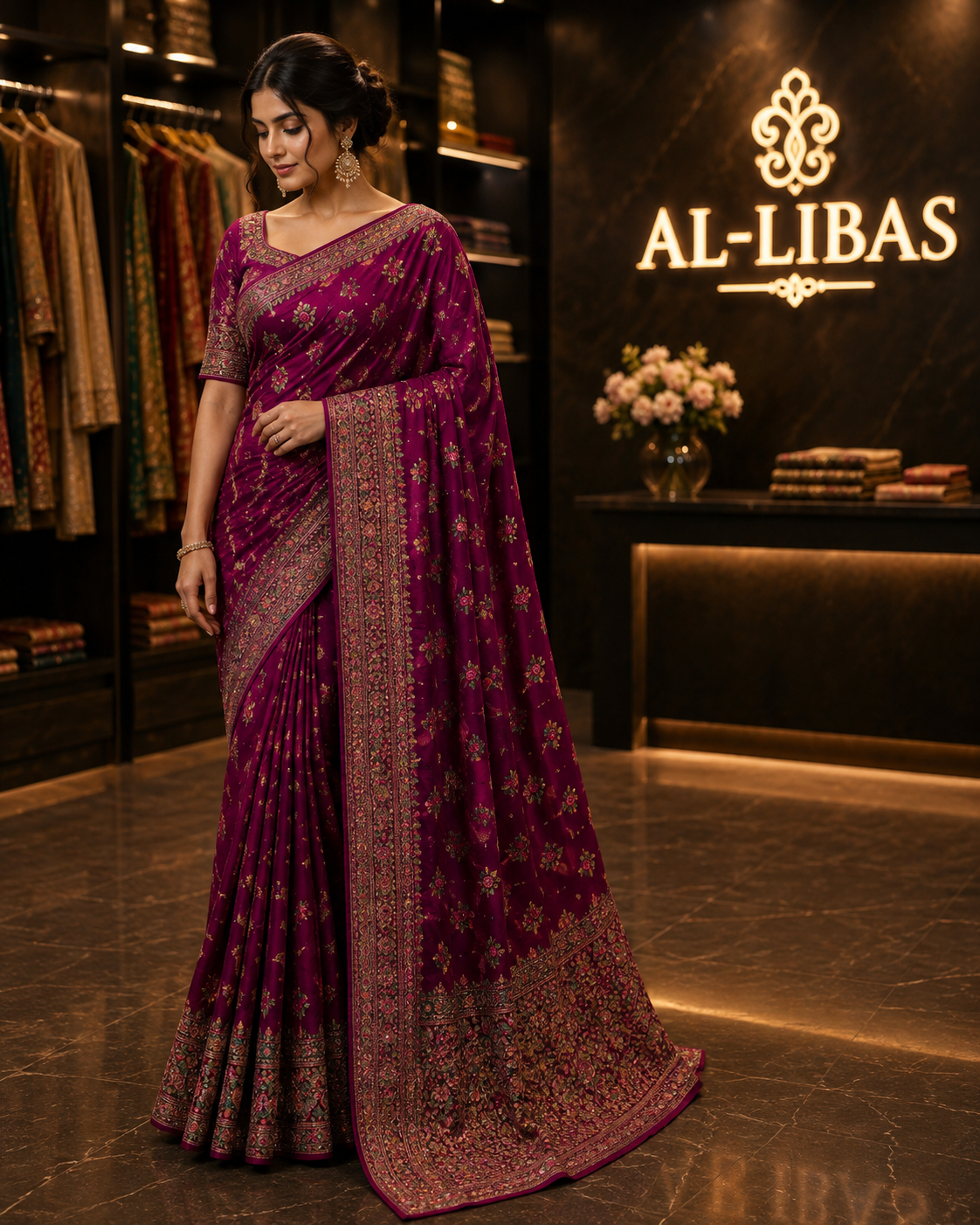 Women’s Wine/Magenta Satin Silk Saree with Intricate Floral Woven & Embroidered Border Work – Blouse Included