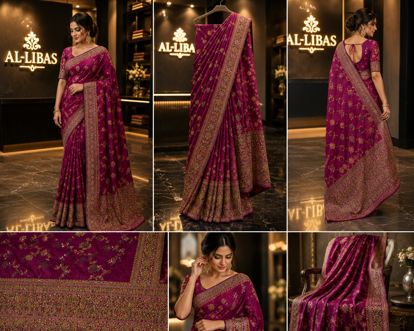 Women’s Wine/Magenta Satin Silk Saree with Intricate Floral Woven & Embroidered Border Work – Blouse Included - 3