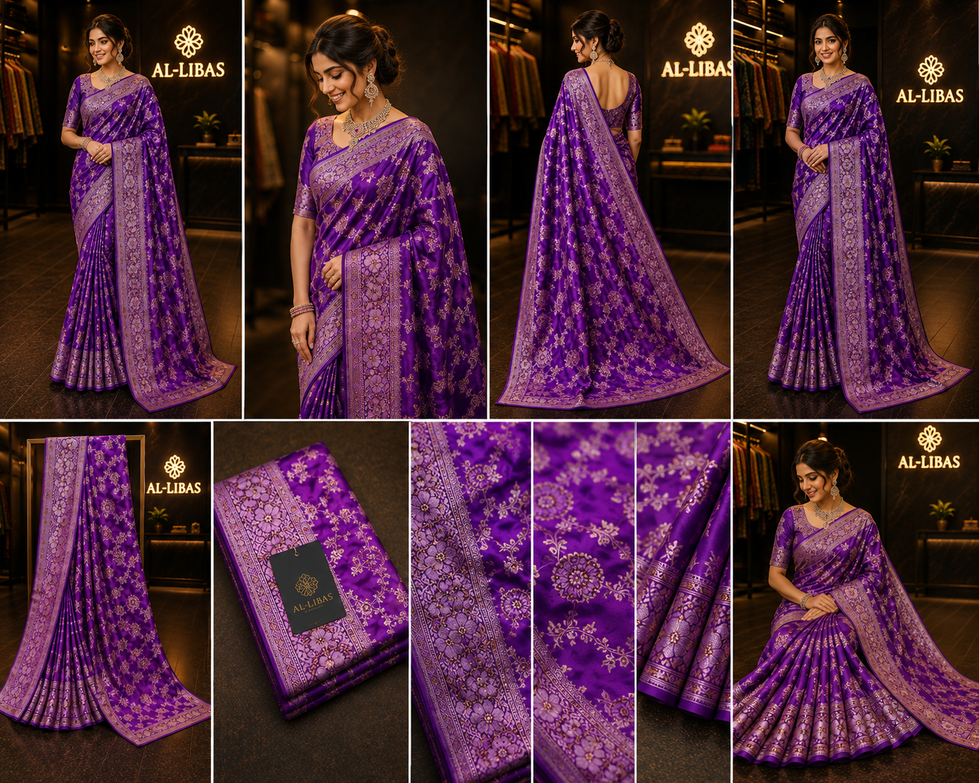 Women’s Royal Purple Satin Silk Saree with Floral Zari Woven Work & Designer Border – Blouse Included