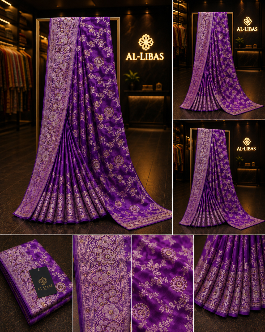 Women’s Royal Purple Satin Silk Saree with Floral Zari Woven Work & Designer Border – Blouse Included - 2