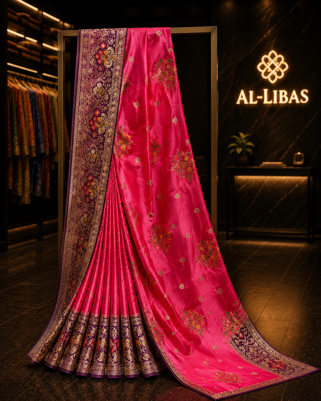 Rani Pink Satin Silk Saree with Multicolor Floral Motif Work & Rich Purple Zari-Style Designer Border – Blouse Included