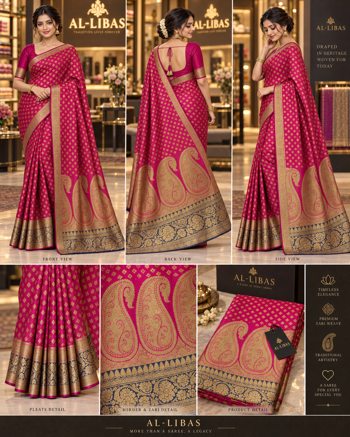 AL-LIBAS Rani Pink Banarasi Zari Woven Paisley Border Saree