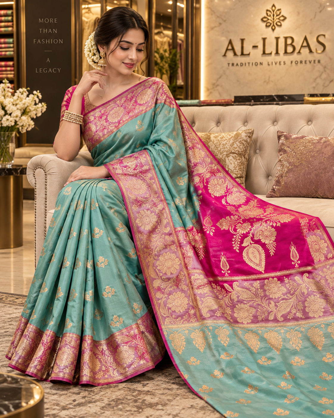 AL-LIBAS Aqua Blue & Rani Pink Banarasi Zari Woven Designer Saree