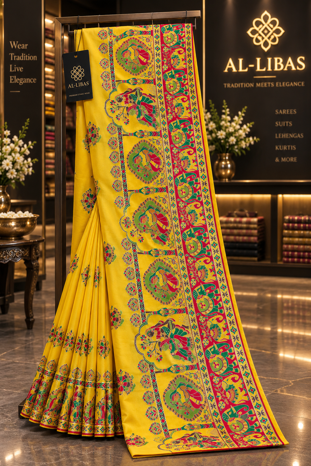 AL-LIBAS Mustard Yellow Madhubani-Inspired Multicolor Printed Satin Silk Saree with Blouse Piece