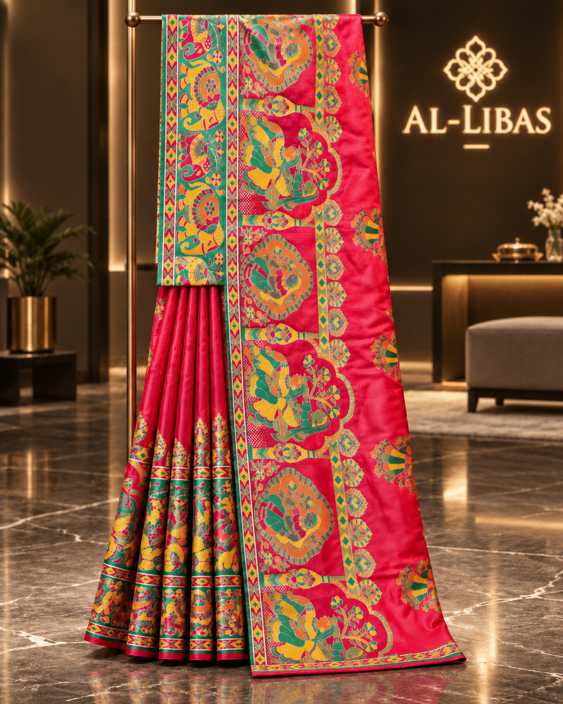 AL-LIBAS Rani Pink Multicolour Kalamkari-Inspired Printed Satin Silk Saree with Designer Border
