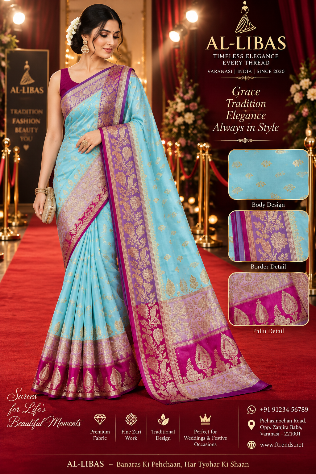 Sky Blue & Rani Pink Banarasi Katan Silk Saree with Rich Zari Buti & Floral Border - 1