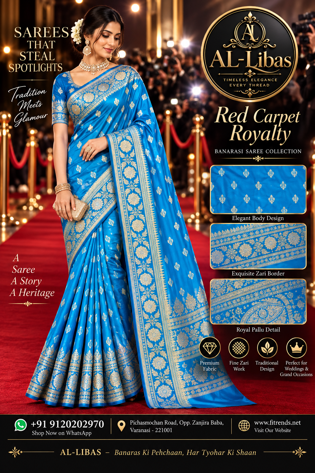 Royal Blue Banarasi Katan Slik Saree with Golden Zari Buti & Floral Woven Border