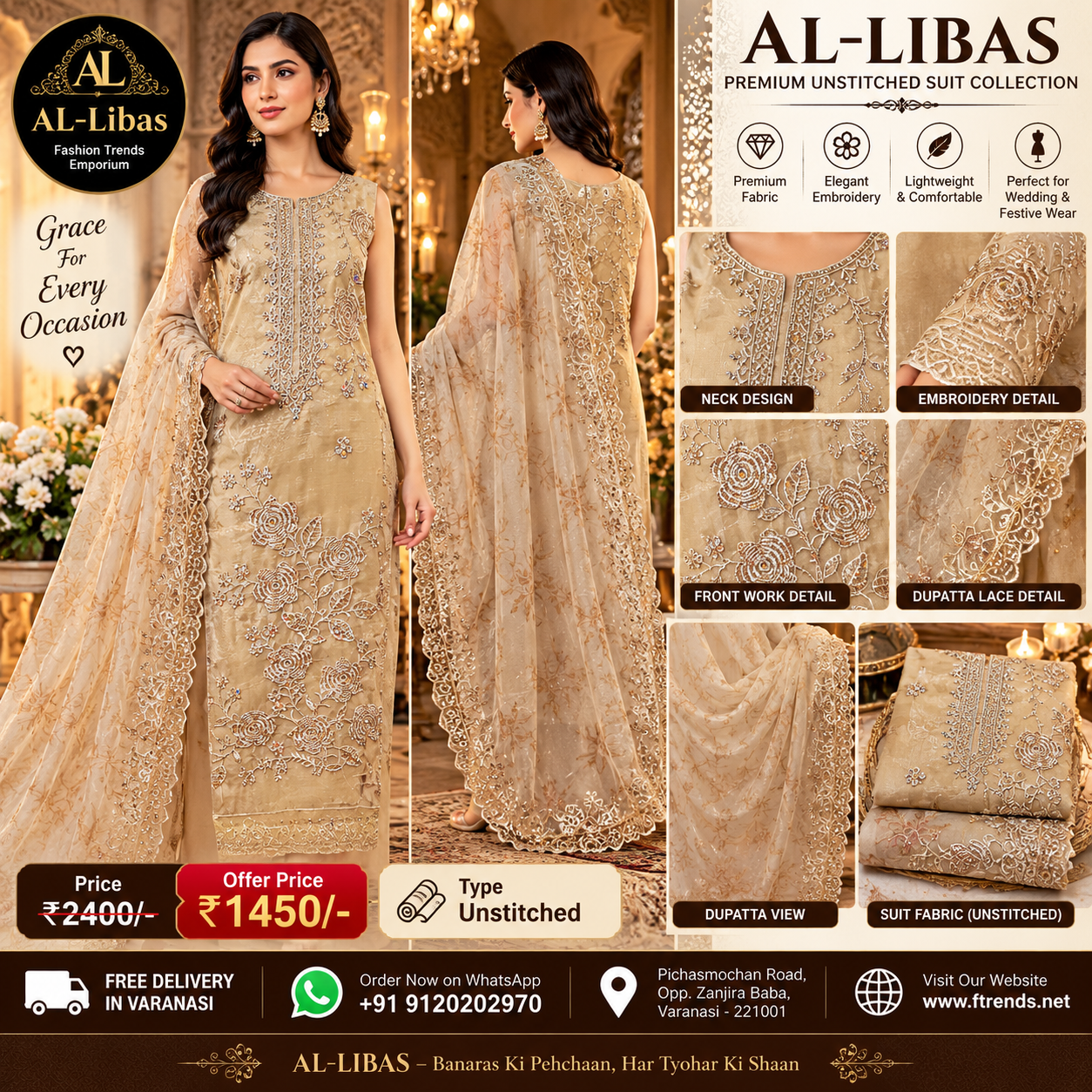 AL-Libas Women Champagne Gold Floral Zari Embroidery & Pearl Bead Work Kurta Pant Dupatta Set with Designer Embroidered Border – 3 Piece Ethnic Suit